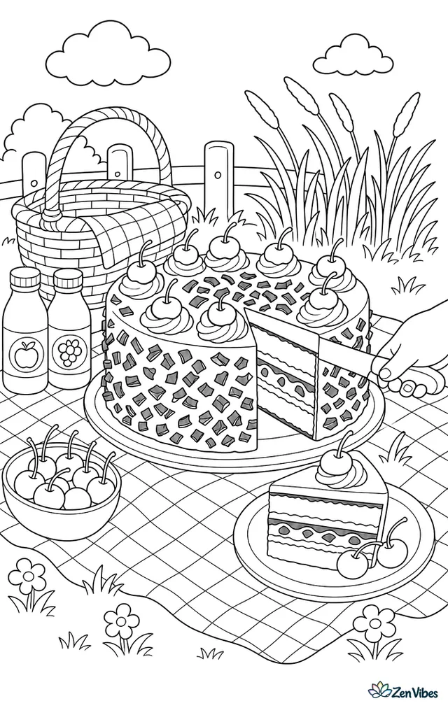A Black Forest cake is being sliced at a picnic, with cherries, a checkered blanket, wicker basket, juice bottles, and tall grass swaying nearby.
