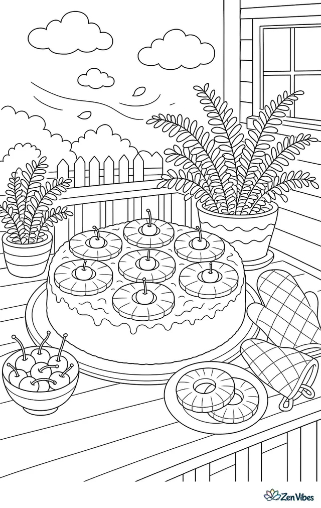 A pineapple upside-down cake cools on a porch railing table, surrounded by pineapple rings, cherries, oven mitts, and potted ferns in the afternoon breeze.