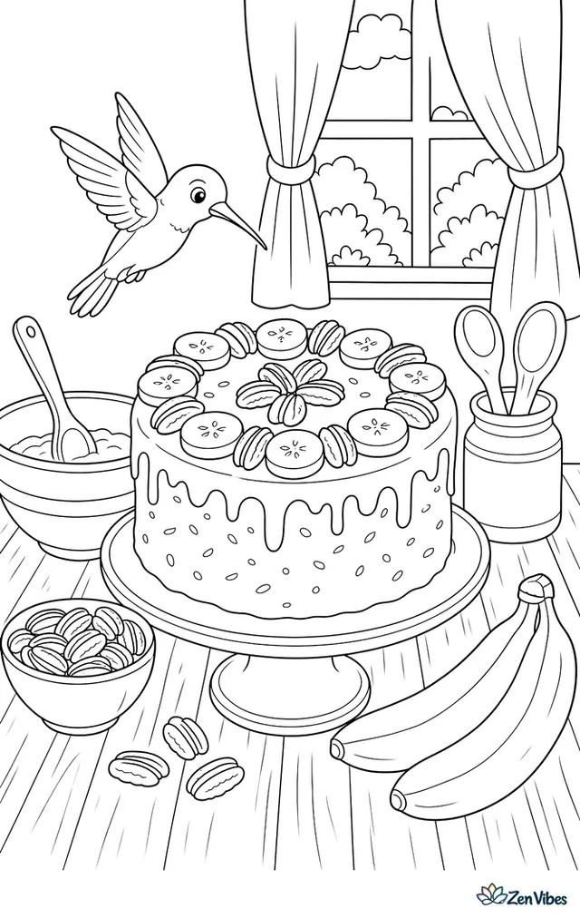A hummingbird cake with banana and pecan decorations sits on a farmhouse table, with mixing bowls, wooden spoons, ripe bananas, and a curtained window around it.