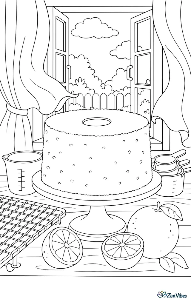 A tall orange chiffon cake stands by an open kitchen window, with citrus halves, cooling racks, measuring cups, and fluttering curtains catching the light.