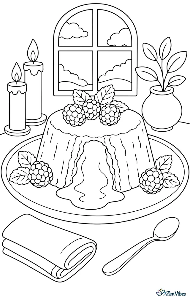 A molten chocolate cake on a restaurant plate is releasing a gooey center, with raspberries, mint leaves, candles, and neatly folded linens on the table.