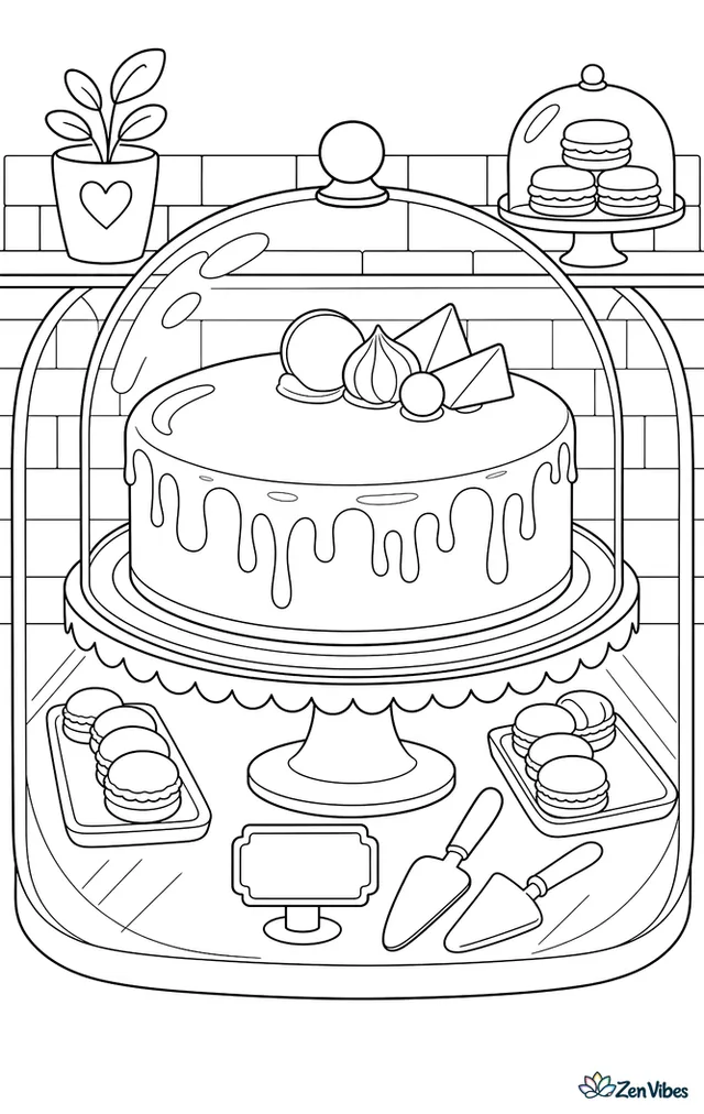 A glossy mirror glaze cake is displayed in a pastry case with macarons, price tags, cake servers, and tiled walls creating a polished bakery backdrop.