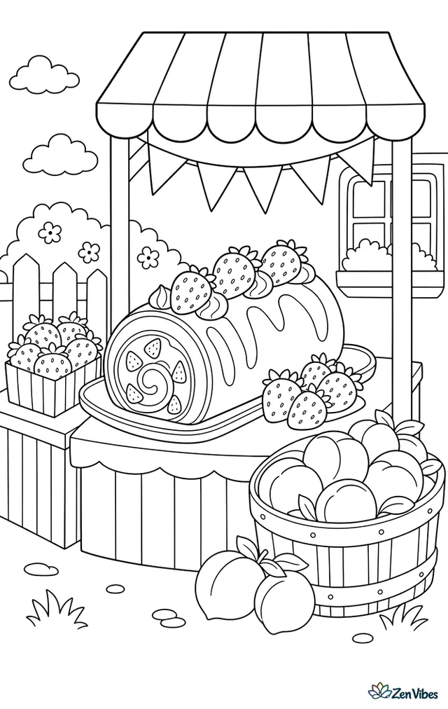 A strawberry roll cake is arranged at an outdoor market stall, with striped boxes, fresh berries, bunting overhead, and neighboring baskets of peaches.