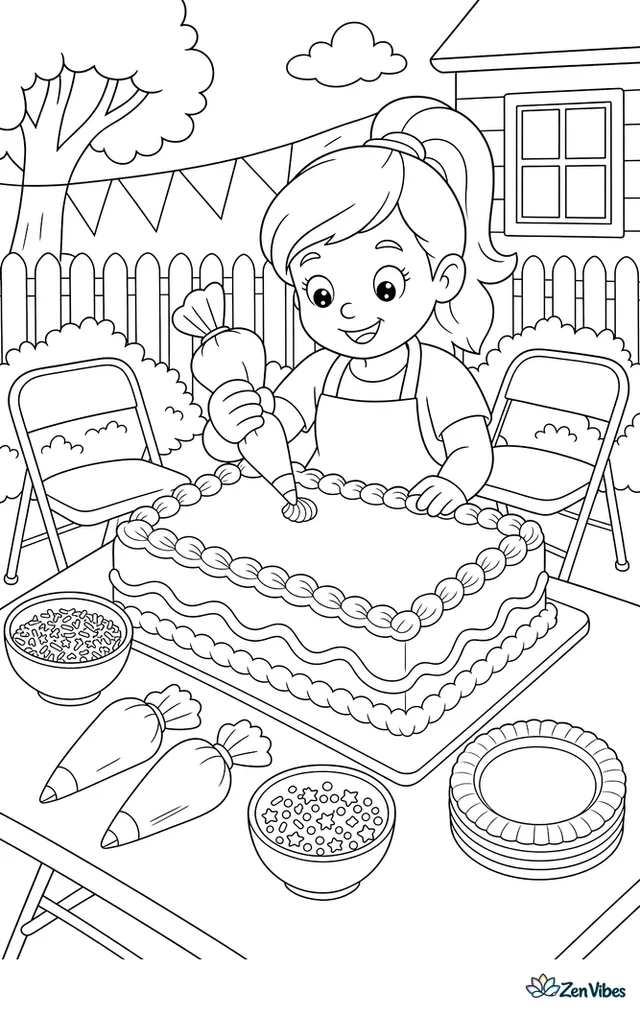 A frosted sheet cake is being decorated for a neighborhood celebration, with piping bags, bowls of sprinkles, paper plates, and folding chairs nearby.