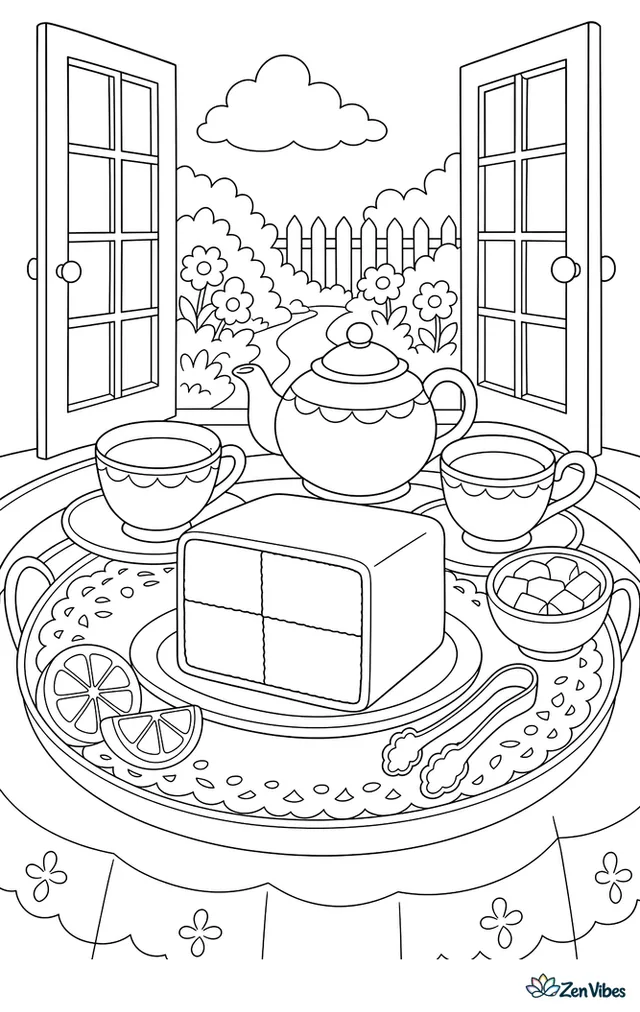 A Battenberg cake sits on a tea tray with teacups, sugar tongs, a lace cloth, lemon slices, and a garden view through open French doors.