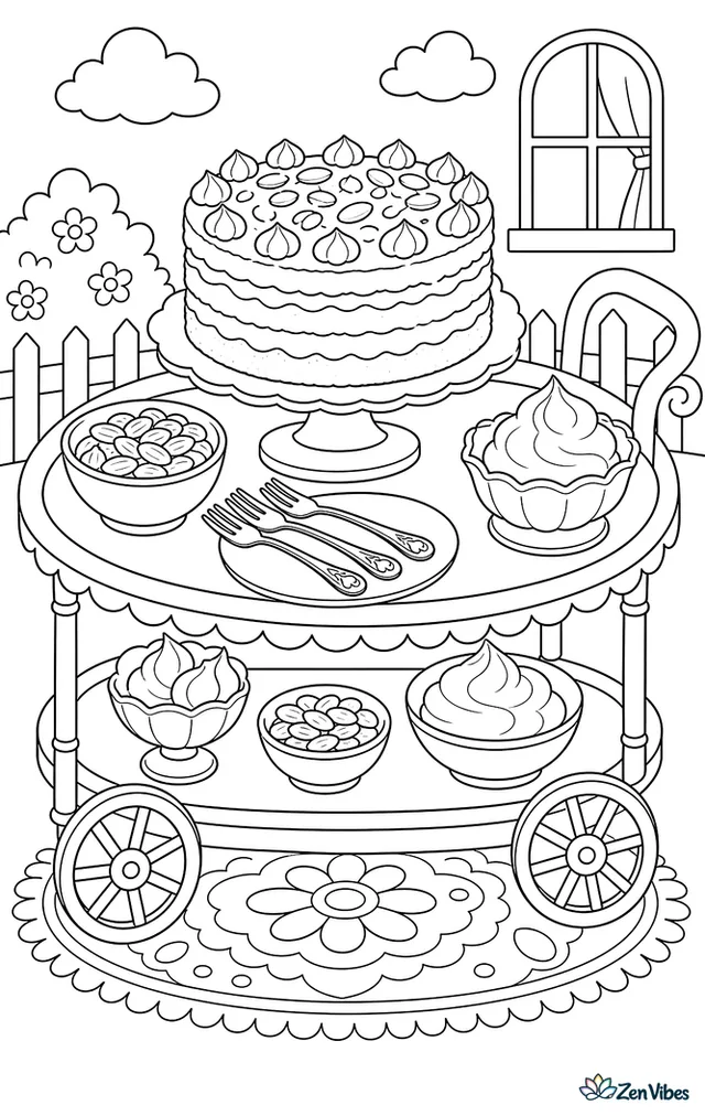 A layered dacquoise cake is presented on a dessert cart, with almond bowls, whipped cream dishes, silver forks, and a patterned carpet beneath.