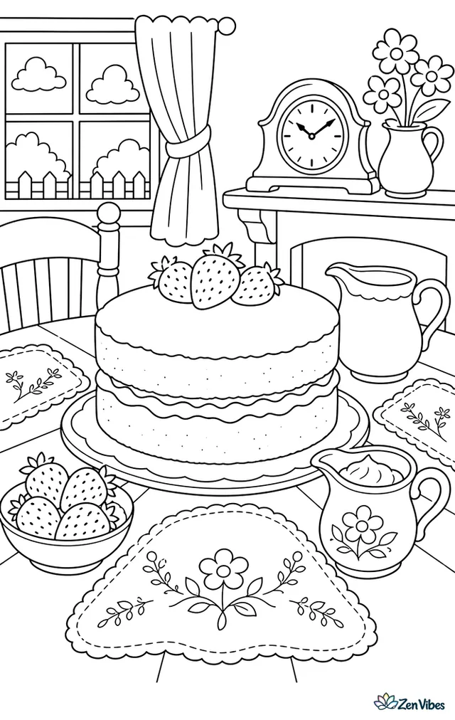 A Victoria sponge cake filled with jam is served in a cottage dining room, with strawberries, cream pitchers, embroidered placemats, and a mantel clock nearby.