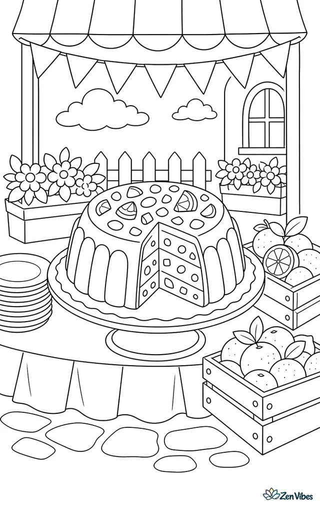 A cassata cake with candied fruit is set out at a street festival booth, with pennant flags, stacked plates, citrus crates, and flower boxes around it.