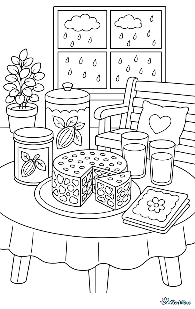 A chocolate biscuit cake is arranged for an afternoon snack, with cocoa tins, napkins, milk glasses, and a bench by a rain-speckled window.