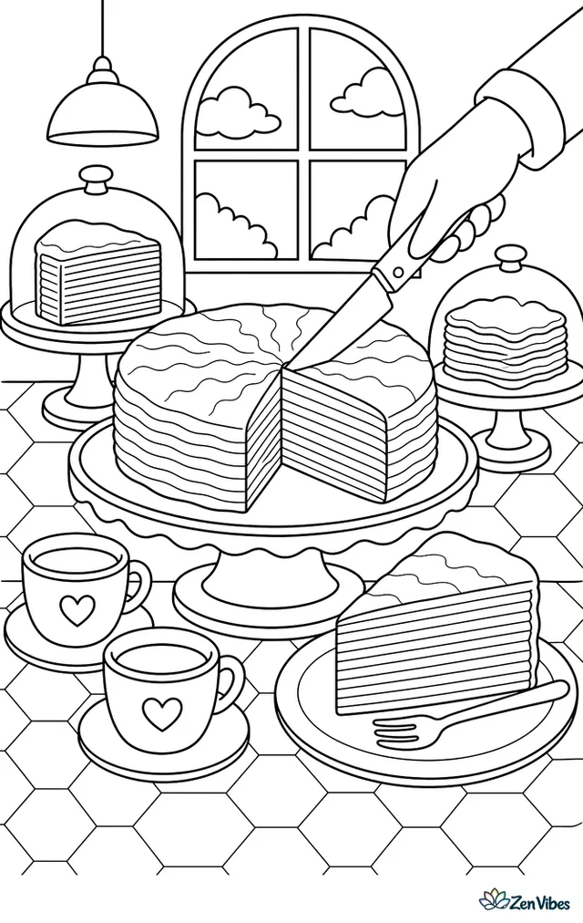 A mille crepe cake is being sliced in a modern bakery, with layered slice views, cake domes, coffee cups, and geometric floor tiles surrounding it.