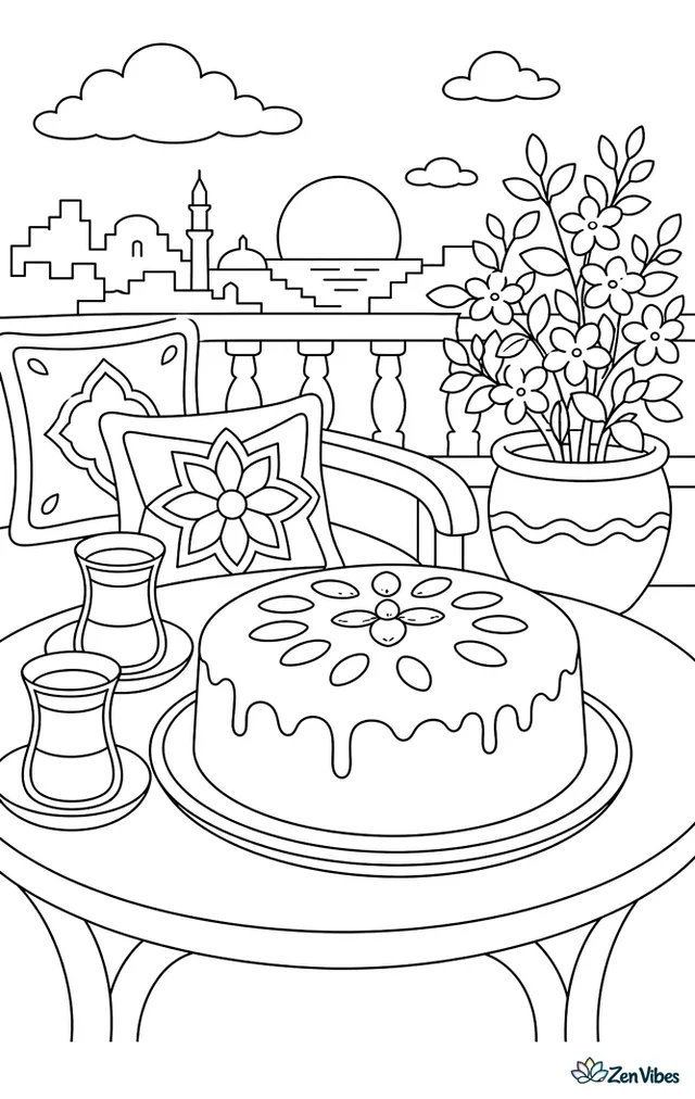 A semolina cake with syrup glaze sits on a balcony table at sunset, with tea glasses, patterned cushions, potted jasmine, and a city skyline beyond.