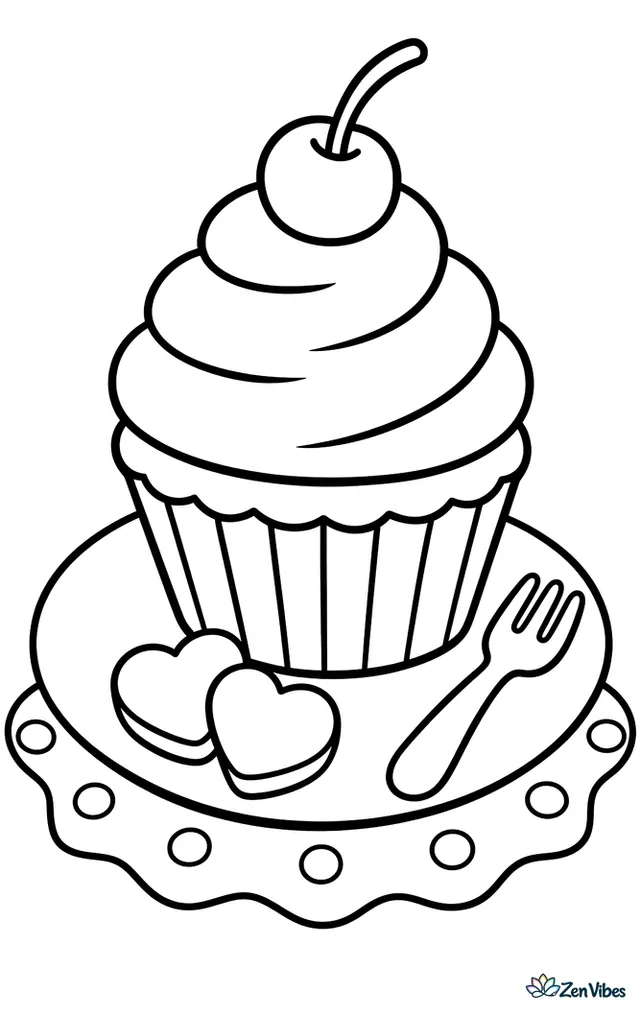 A chocolate cupcake with smooth frosting and one bright cherry rests on a small plate beside a tiny fork, with two heart candies and a simple polka-dot tablecloth underneath.