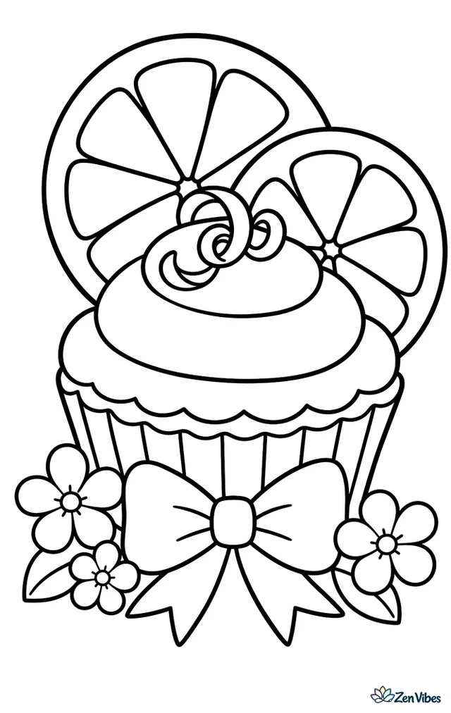 A lemon cupcake with a neat frosting dome and curled lemon zest sits in front of two lemon slices, with a ribbon bow and a few tiny blossoms around the base.