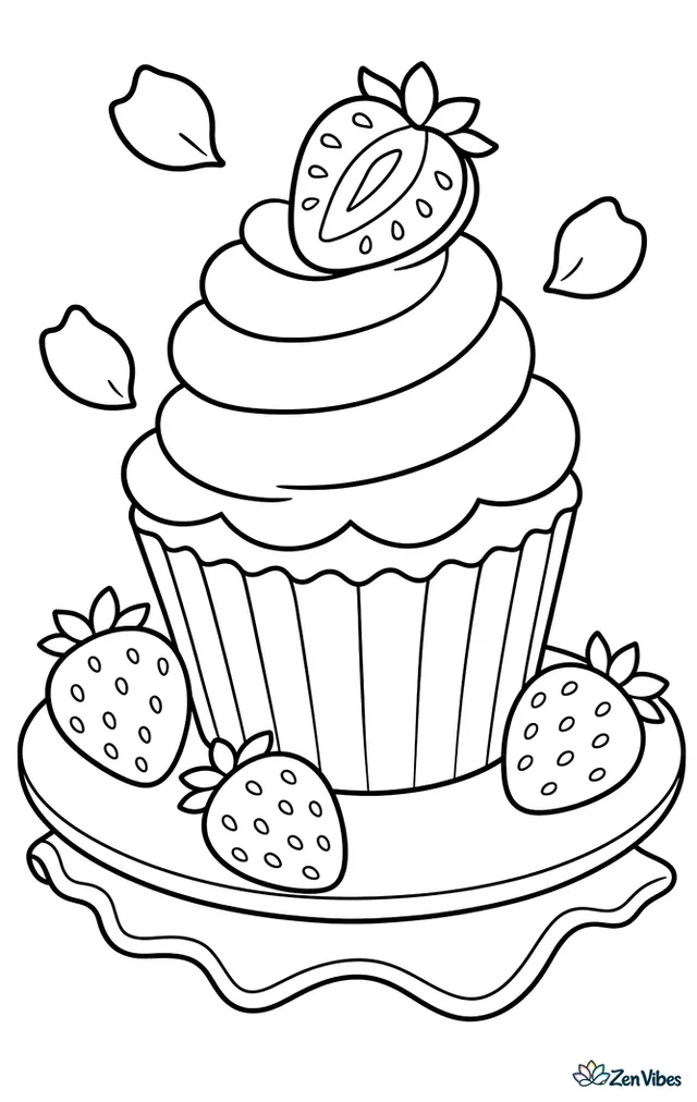 A strawberry cupcake with fluffy frosting and one sliced strawberry on top stands on a dessert plate, surrounded by three berries, a cloth napkin, and a few falling petals.