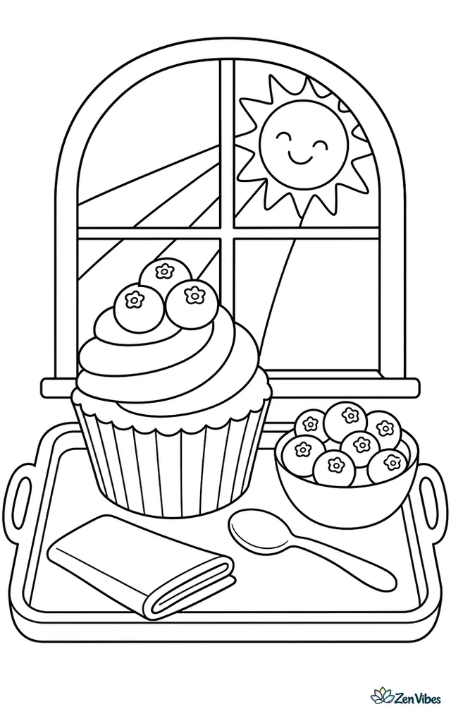 A blueberry cupcake with piped frosting sits on a breakfast tray beside a small bowl of blueberries, a folded napkin, and a spoon, with a window and morning sunbeams behind.