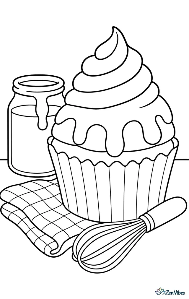 A caramel cupcake with glossy drizzle and a frosting peak stands on a bakery counter, with a glass jar of caramel sauce, a whisk, and a checked towel nearby.