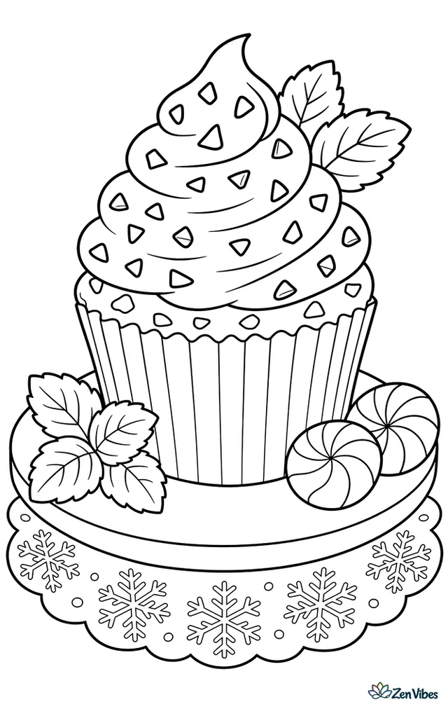 A mint chocolate chip cupcake with swirled frosting and chocolate flakes sits on a round plate, surrounded by mint leaves, striped candy pieces, and a cool snowflake-patterned placemat.