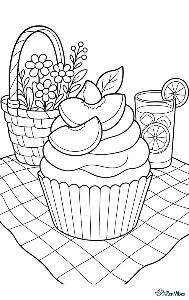A peach cupcake with creamy frosting and peach slices on top rests on a picnic blanket, with a wicker basket, wildflowers, and a glass of lemonade nearby.