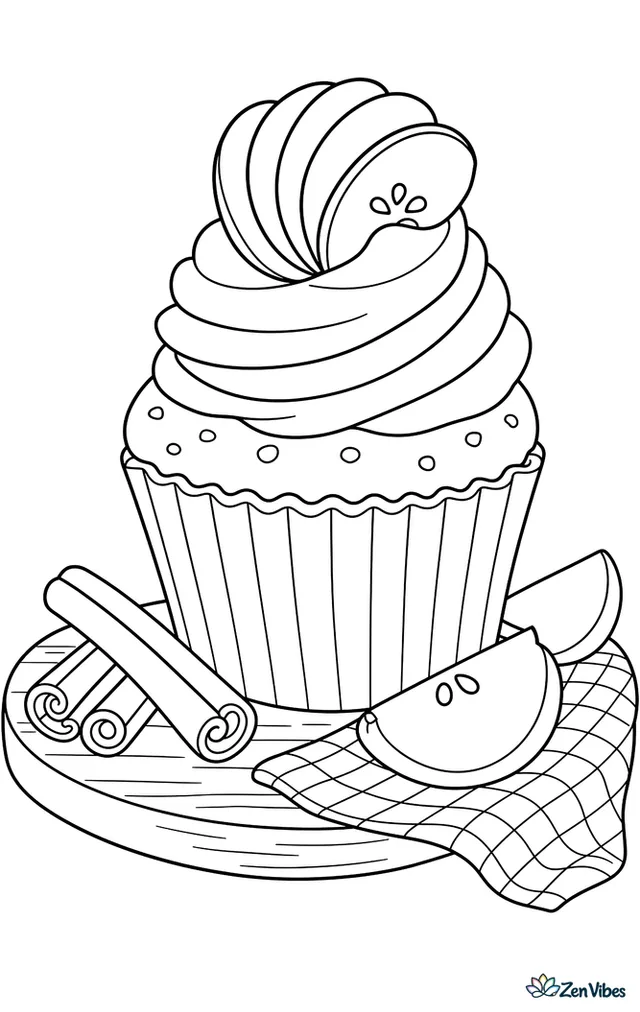A cinnamon apple cupcake topped with frosting and thin apple fans sits on a wooden board, with cinnamon sticks, apple wedges, and a small gingham cloth around it.