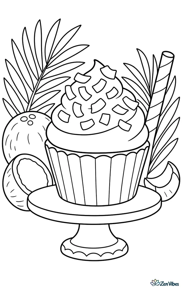 A coconut cupcake with fluffy frosting and toasted coconut flakes stands on a dessert stand, with whole coconuts, palm leaves, and a striped straw in the background.