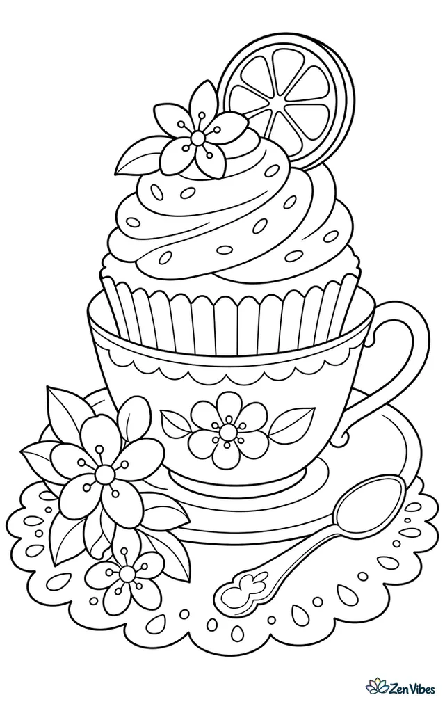 An orange cupcake with citrus frosting and a candied orange wheel sits on a teacup saucer, with orange blossoms, a teaspoon, and a lace table runner nearby.
