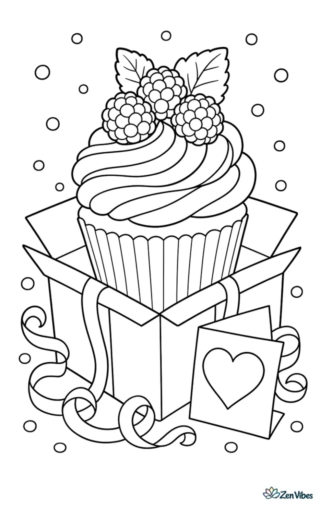 A raspberry cupcake with ribbon-like frosting and fresh raspberries on top sits inside an open gift box, surrounded by curled ribbon, confetti dots, and a greeting card.