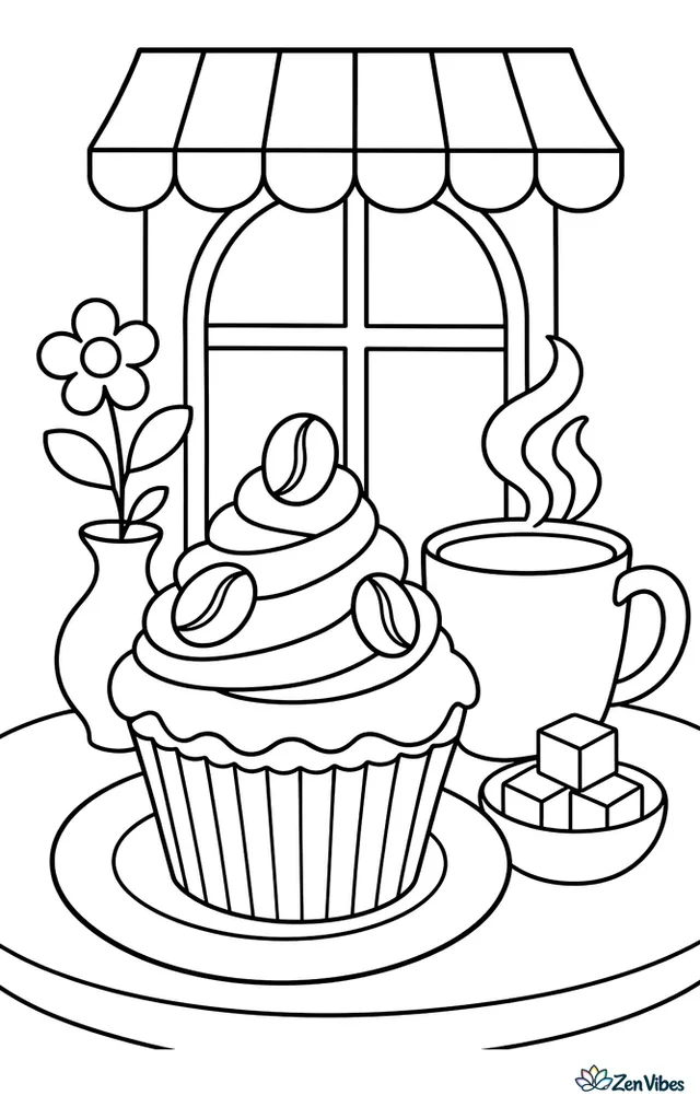 A mocha cupcake with coffee-bean frosting decorations sits at a cafe table beside a steaming mug, sugar cubes, and a small vase, with a window and awning behind.