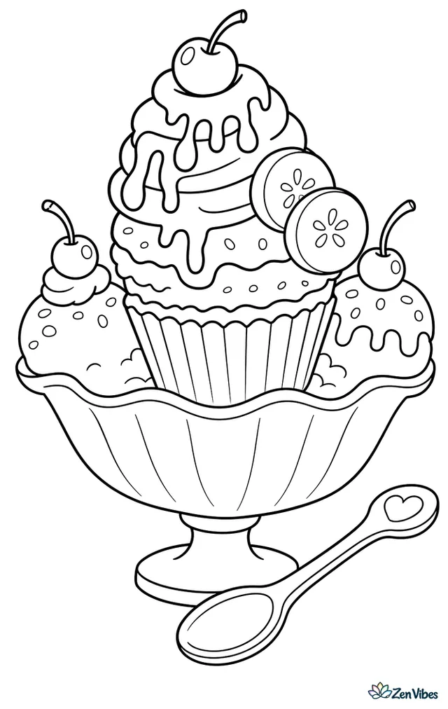 A banana cupcake with vanilla frosting, banana slices, and chocolate drizzle sits in a sundae dish, with scoops of ice cream, cherries, and a long dessert spoon nearby.
