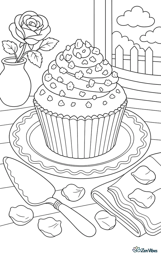 A red velvet cupcake with cream cheese frosting and cake crumbs on top sits on a patterned plate, with a cake server, rose petals, and a folded napkin beside it.