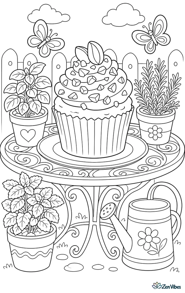 A pistachio cupcake with smooth frosting and chopped pistachios sits on a wrought-iron table in a garden, surrounded by potted herbs, butterflies, and a watering can.