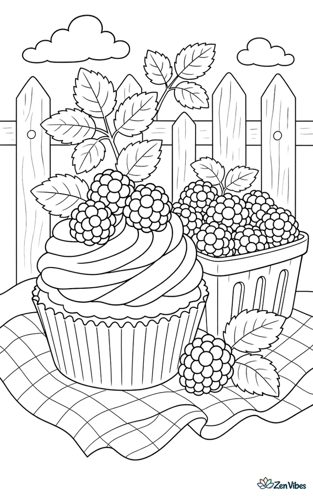 A blackberry cupcake with swirled frosting and plump blackberries on top rests beside a berry basket, with bramble leaves, a checked cloth, and a wooden fence behind.
