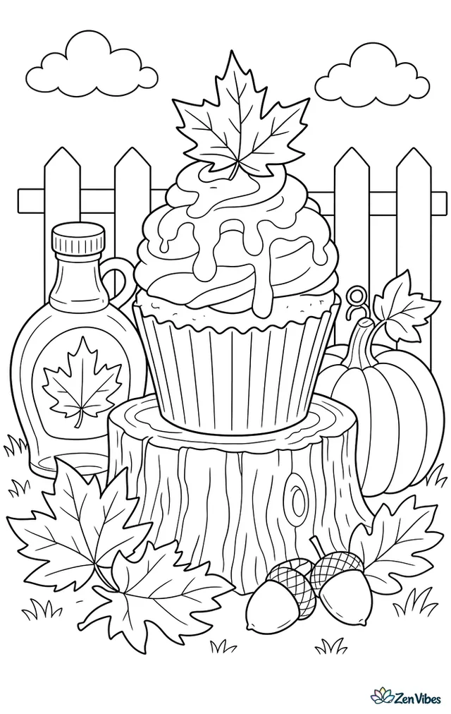 A maple cupcake with frosting and maple syrup drizzle stands on a rustic stump table, with autumn leaves, acorns, a syrup bottle, and a pumpkin in the scene.