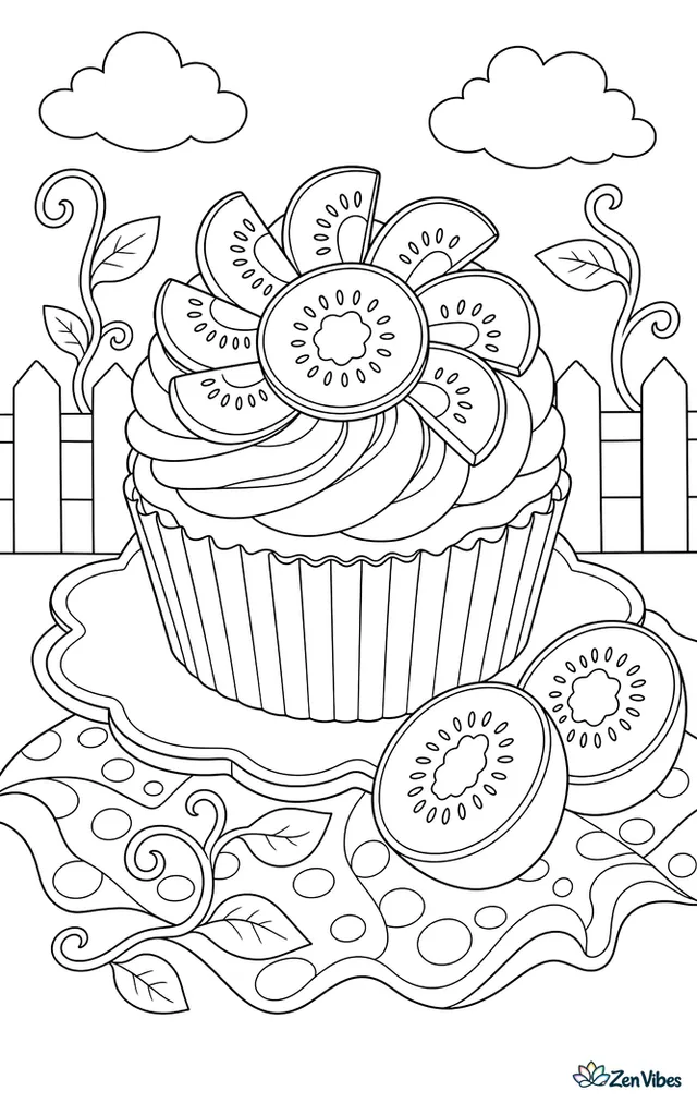 A kiwi cupcake with green frosting and kiwi slices arranged like a flower sits on a bright tray, with halved kiwis, curling vines, and a splashy patterned cloth around it.
