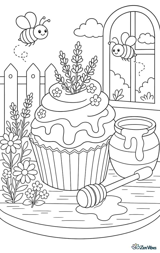 A lavender cupcake with honey frosting and tiny lavender sprigs on top sits near a honey pot, with buzzing bees, wildflowers, and a wooden dipper on the table.
