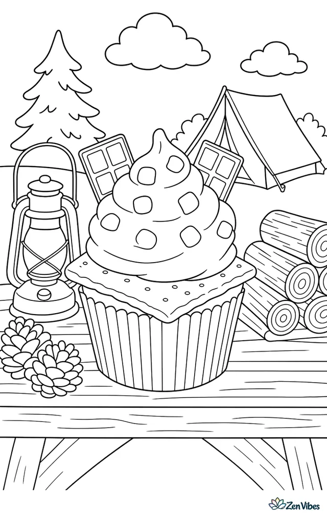A graham cracker cupcake with toasted marshmallow frosting and chocolate squares sits on a camping table, with a lantern, stacked firewood, pinecones, and a distant tent nearby.
