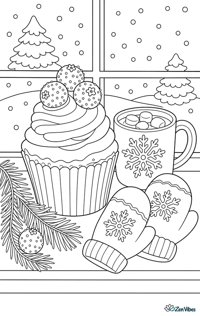 A cranberry cupcake with frosted swirls and sugared cranberries stands on a windowsill, with snow outside, evergreen branches, mittens, and a mug of cocoa beside it.