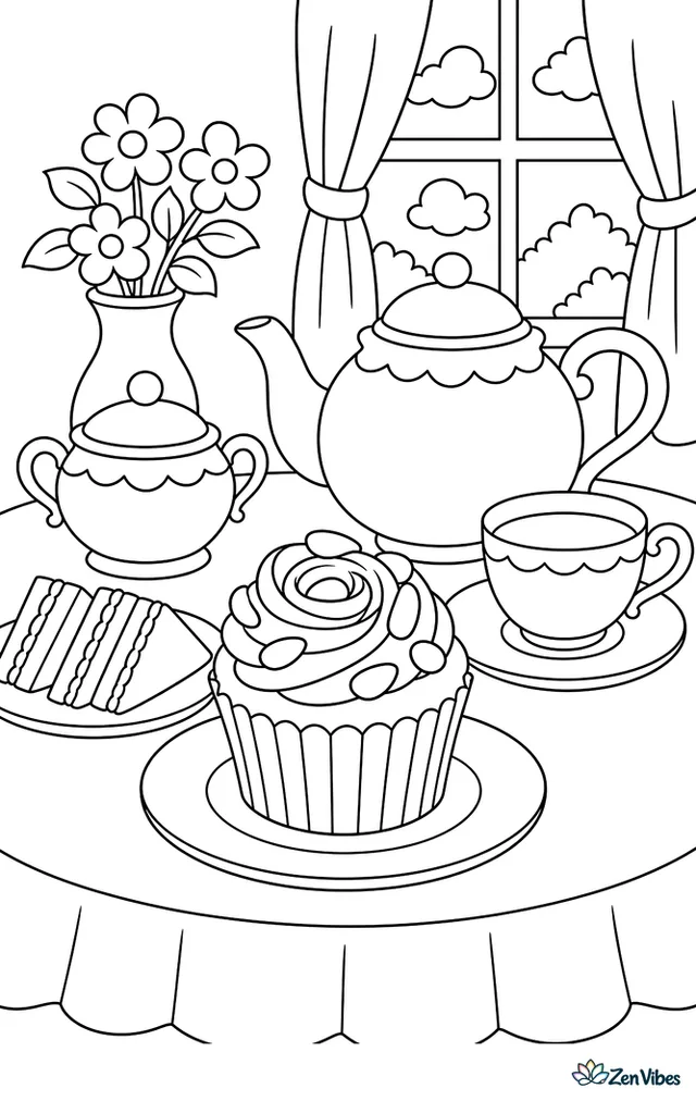 An almond cupcake with rosette frosting and sliced almonds sits on a tea table beside a teapot, teacup, sugar bowl, and a plate of tea sandwiches.