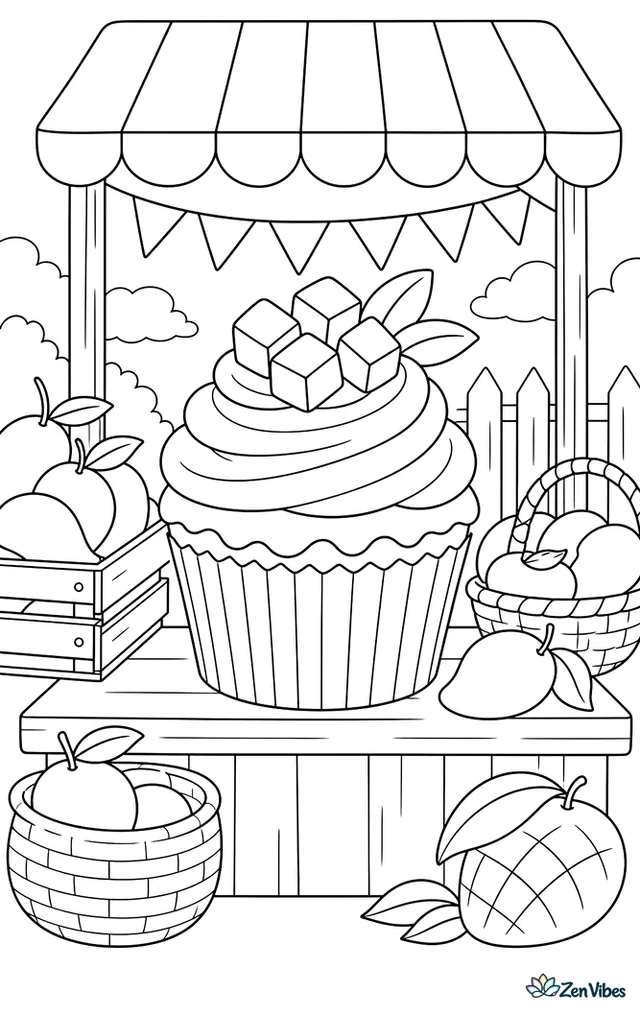 A mango cupcake with sunny frosting and diced mango on top rests on a market stall, with fruit crates, hanging bunting, woven baskets, and a striped canopy overhead.