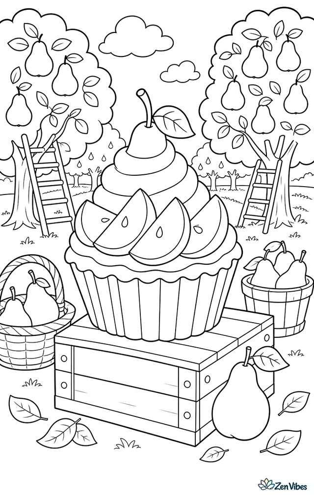A pear cupcake with vanilla frosting and pear slices arranged like petals sits on a crate in an orchard, with ladders, baskets, leaves, and rows of trees behind.