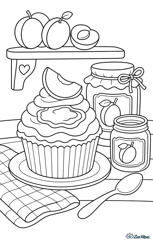 A plum cupcake with jam-filled frosting and a plum wedge topper sits beside jars of preserves, with a spoon, checked cloth, and a shelf of fruit in back.