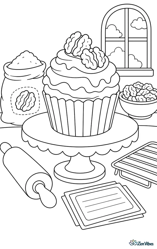 A walnut cupcake with caramel frosting and walnut halves on top stands on a bakery display, with rolling pins, flour sacks, recipe cards, and cooling racks around it.