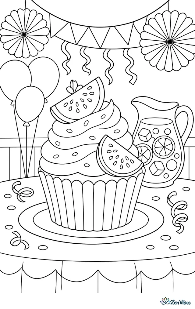 A guava cupcake with pink frosting and guava slices sits at a party table, surrounded by paper fans, streamers, balloons, and a pitcher of fruit punch.
