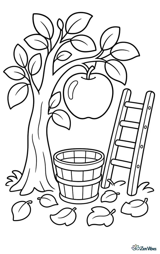 A Honeycrisp apple hangs low on a leafy branch while a wooden ladder leans nearby, a bushel basket waits below, and fallen leaves scatter across the grass in a sunny orchard row.