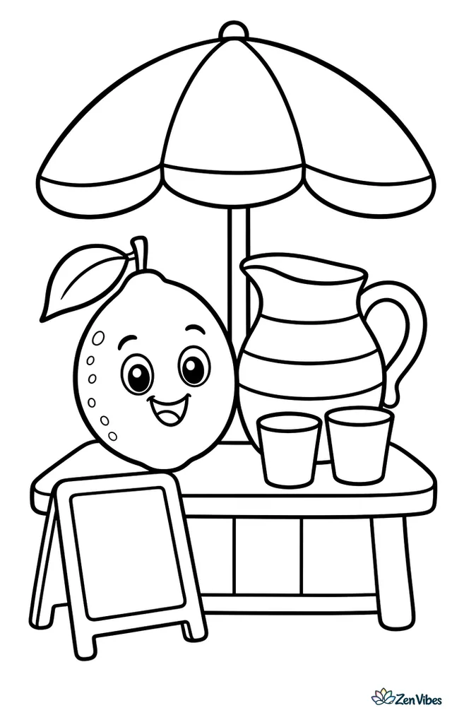 A bright Eureka lemon sits beside a striped pitcher of lemonade on a small stand, with two cups, a chalkboard sign, and a simple umbrella shading the table.