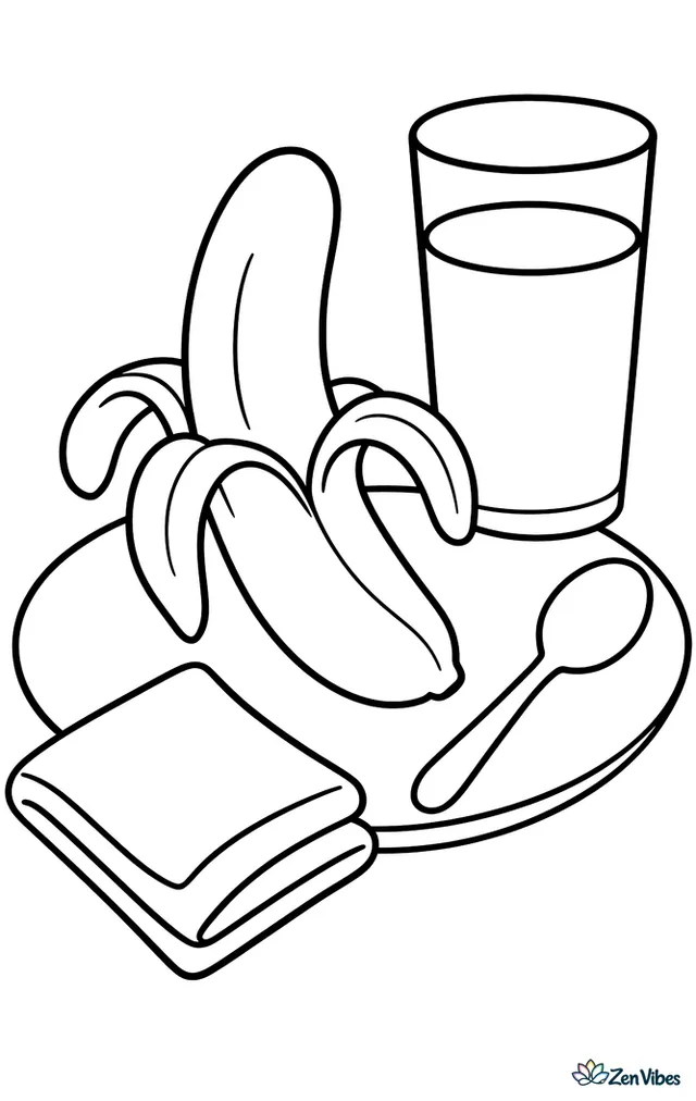 A peeled Cavendish banana rests on a breakfast plate next to a spoon, a folded napkin, and a glass of milk, with a window showing a calm morning sky.
