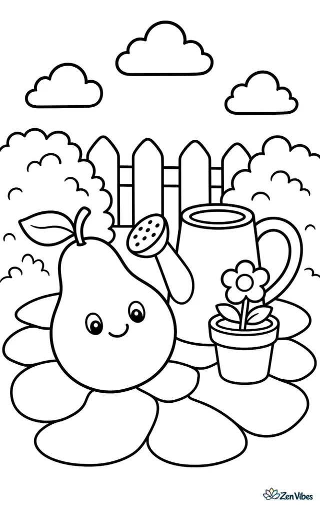 A Bartlett pear lies on a garden path beside a watering can and a tiny flowerpot, while a low fence, round bushes, and a few clouds fill the background.
