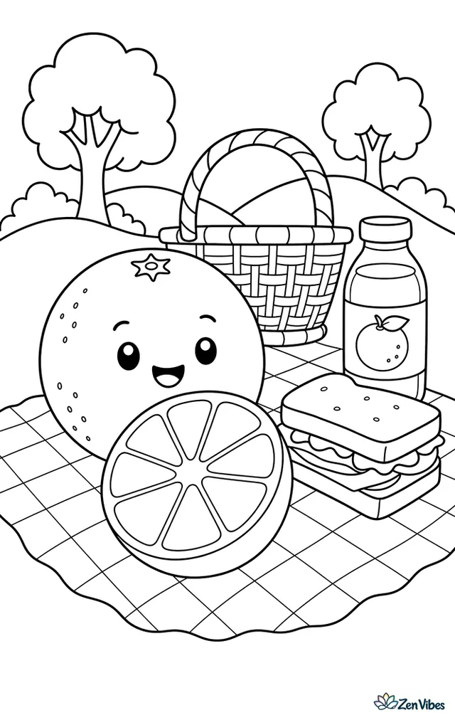 A navel orange is sliced open on a picnic blanket with a sandwich, a juice bottle, and a wicker basket, while simple trees and rolling hills sit behind.