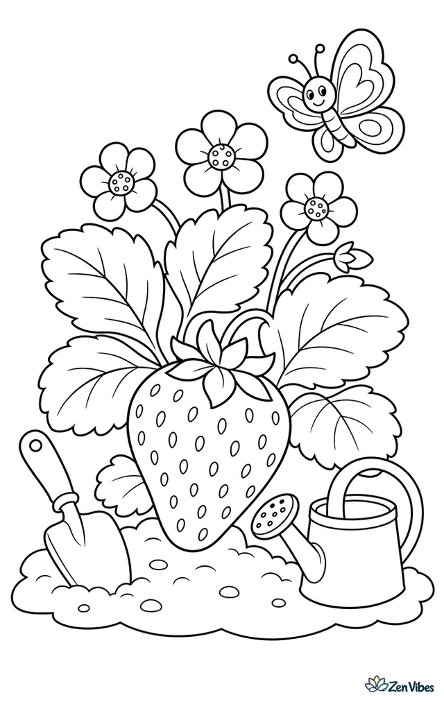 A ripe Chandler strawberry grows in a garden bed with broad leaves, small white blossoms, a trowel, and a watering can, as a butterfly flutters above the soil.