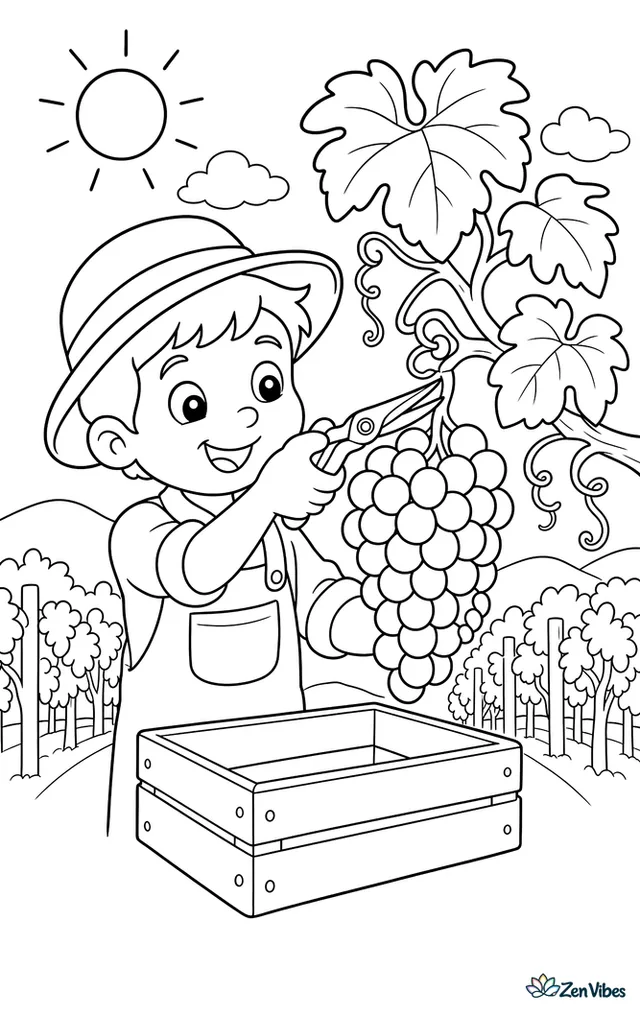 A bunch of Concord grapes is being clipped from a vineyard vine near a wooden crate, with curling tendrils, broad leaves, neat rows, and distant hills under sunshine.