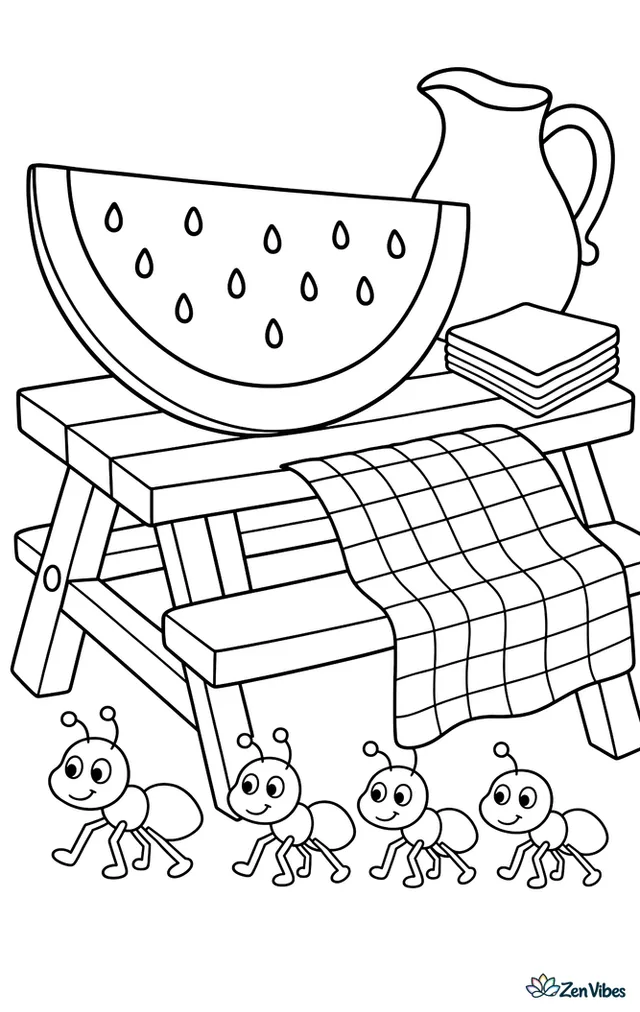 A large Crimson Sweet watermelon slice sits on a picnic table beside napkins and a pitcher, while ants march below and a checkered cloth drapes over the bench.